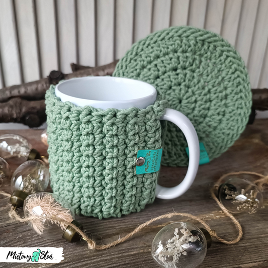 Kubek w sweterku i podkładka ~ eukaliptus