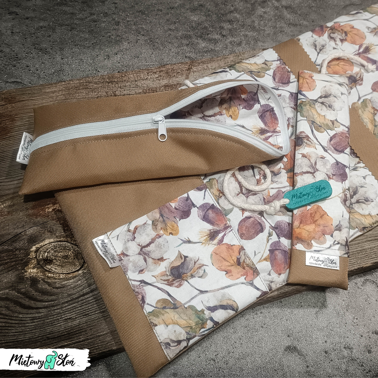 #zerowaste - Komplet - otulacz, piórnik i zakładka ~ jesienny