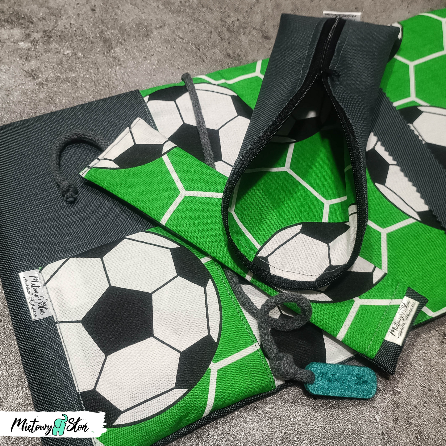 #zerowaste - Komplet - otulacz, piórnik i zakładka ~ football
