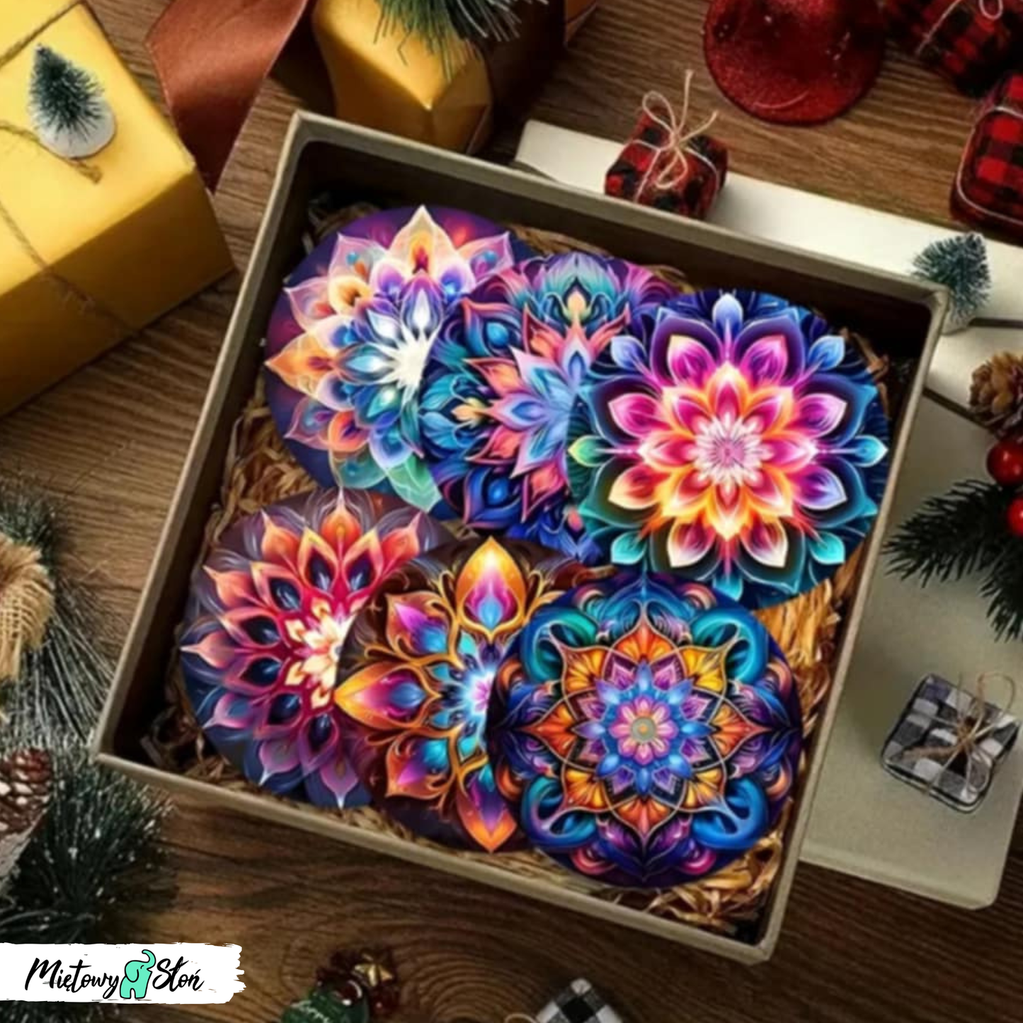 Podkładki pod kubek ~ komplet 6szt ~ drewniane ~ mandale